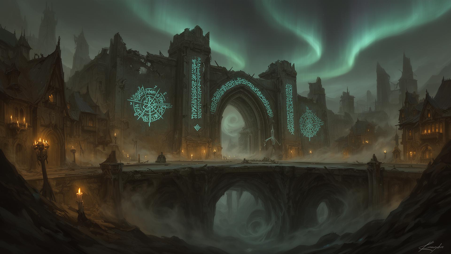 Painted view of Diregulf at night \u2014 a ruined gateway etched with glowing teal runes